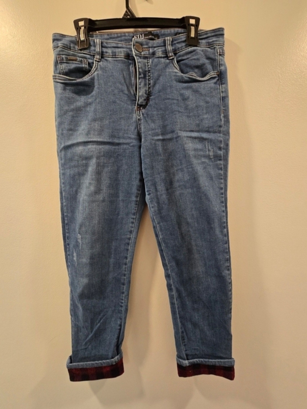 FDJ French Dressing Jeans Plaid Cuff Classic Light Blue Size 12